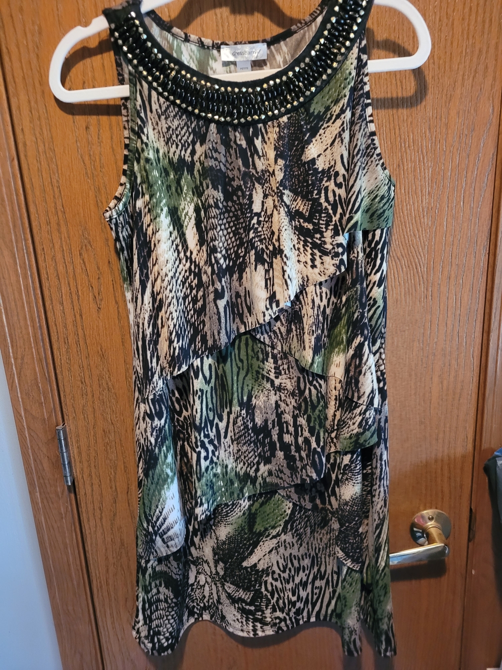 Beaded Neckline Animal Print Shift Dress - Green/Black/Cream